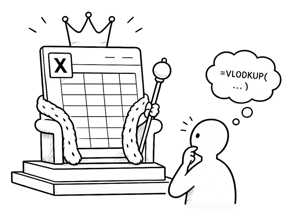 A spreadsheet crowned as king on a throne while a person puzzles over a VLOOKUP formula