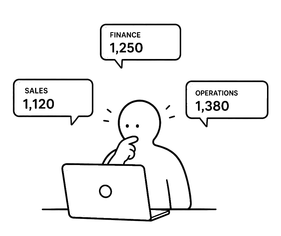 A person unsure which number to trust as three departments report three different figures