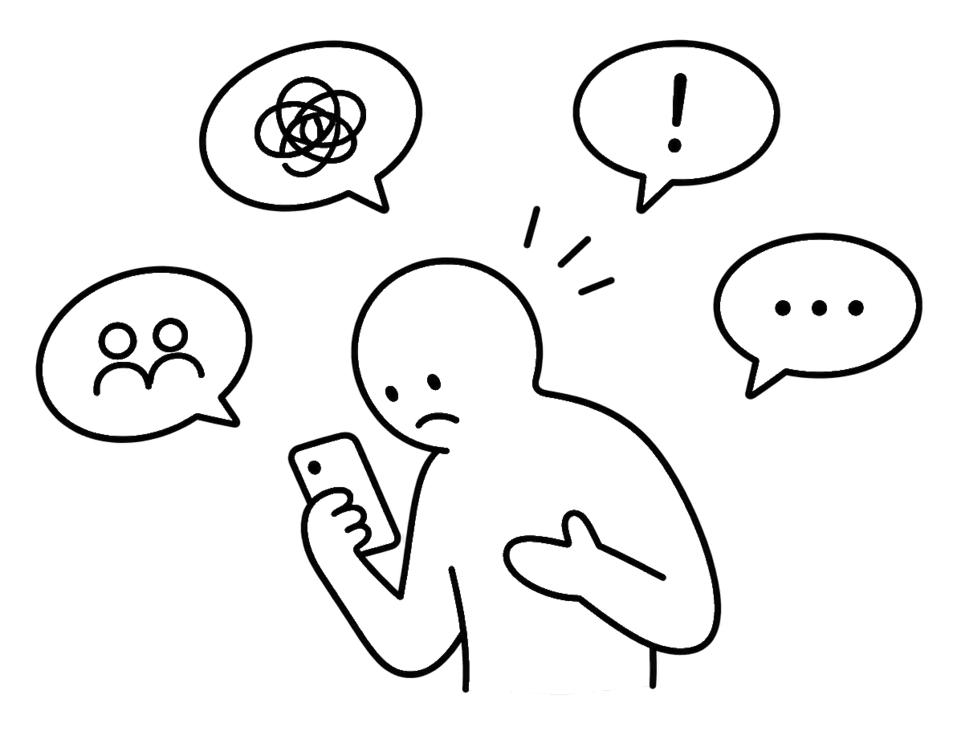 A person frowning at their phone, surrounded by speech bubbles of confusion and frustration
