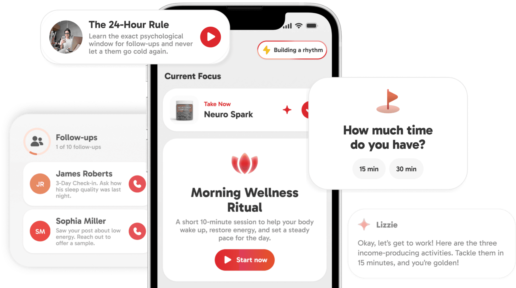 The Coach app on a phone with a daily focus, follow-ups, and a Lizzie check-in