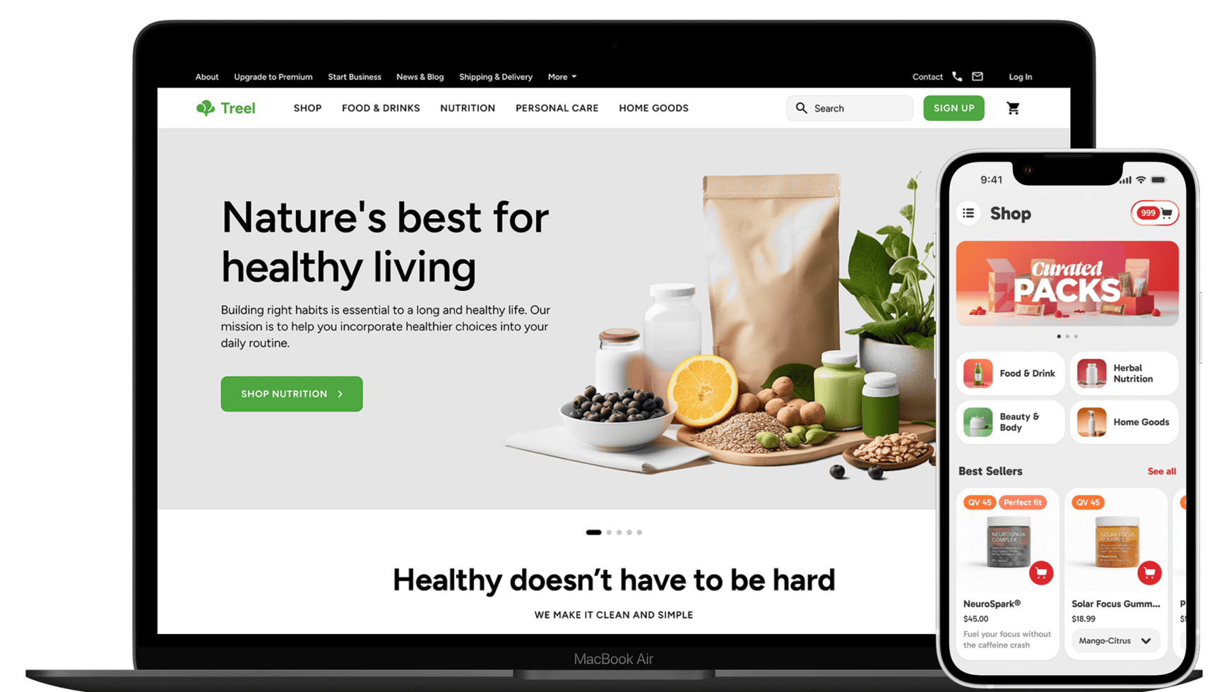 Treel Storefront on a MacBook with the native mobile shopping app alongside