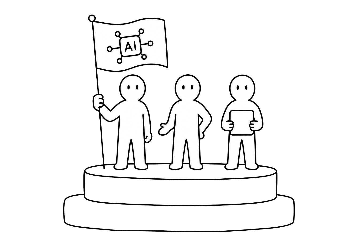 Three ambassadors on a podium with an AI flag