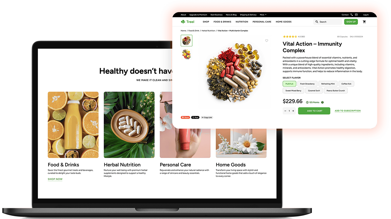Treel storefront on desktop — category browsing and a full product detail page