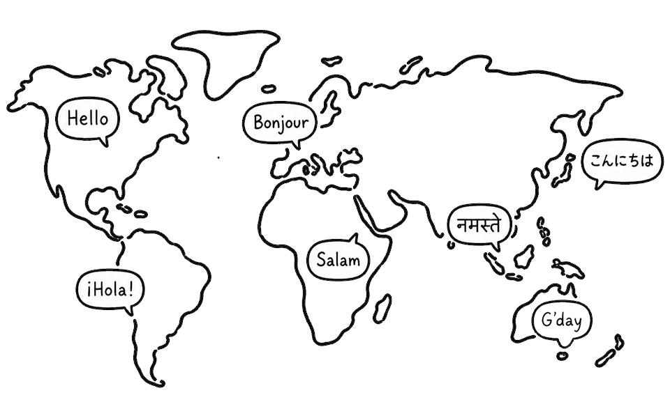 World map with greetings in many languages