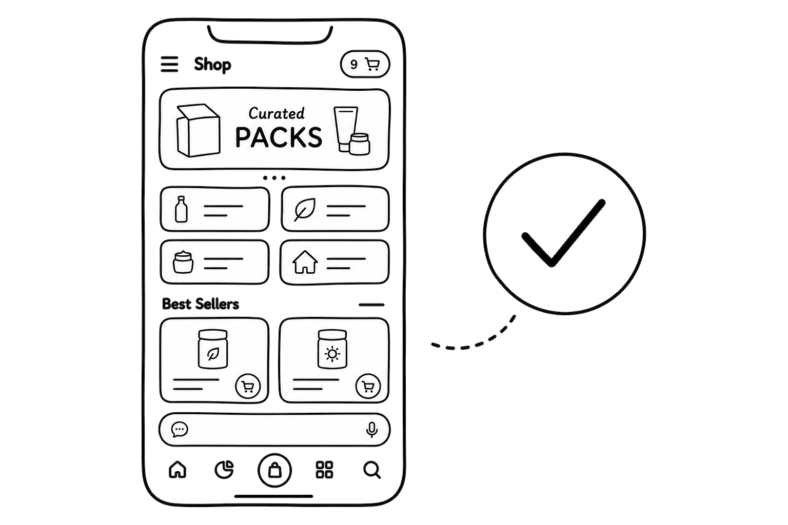 Mobile storefront interface with a checkmark